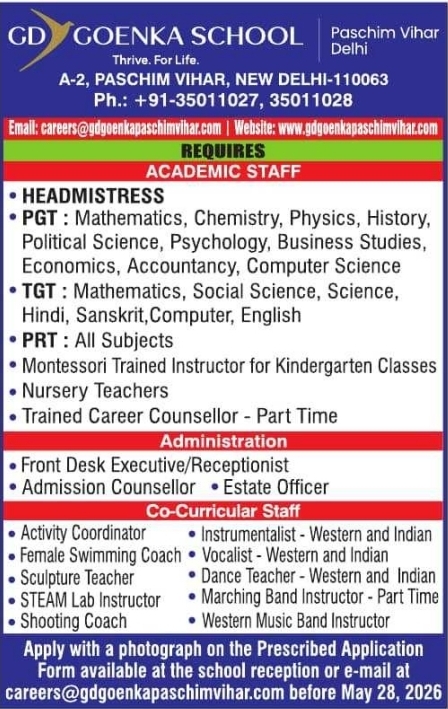 Job Opportunity: Academic and Administrative Staff at GD Goenka School, Delhi