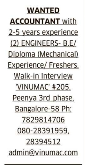 Job Opportunity: Accountant & Engineers Recruitment at Vinumac, Bangalore