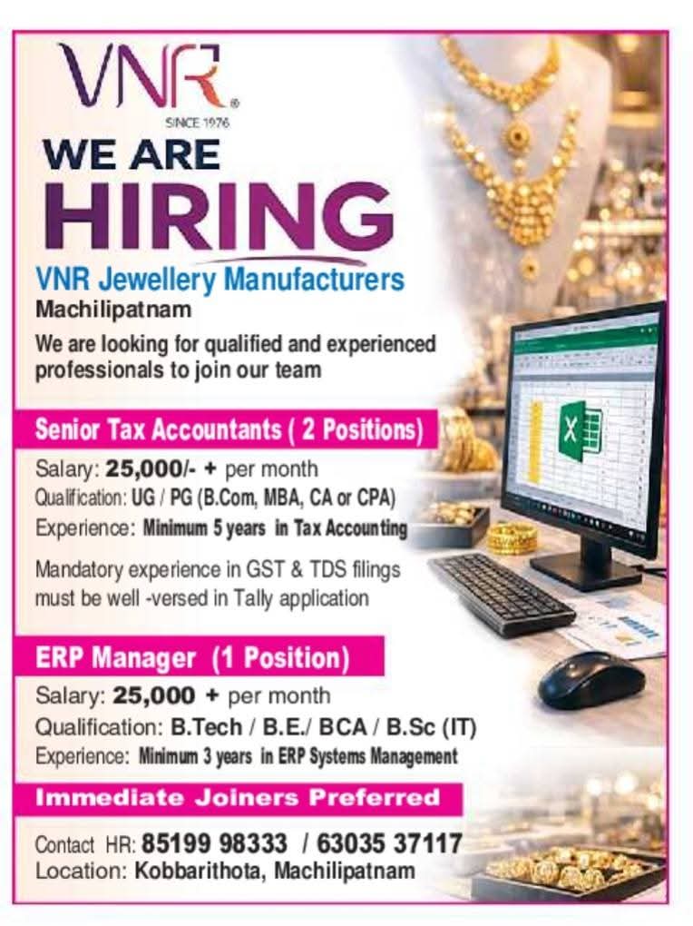 Job Opportunity: Accounting & IT Roles at VNR Jewellery Manufacturers