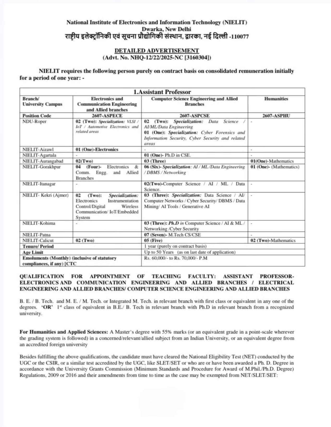 Job Opportunity: Assistant Professors at NIELIT