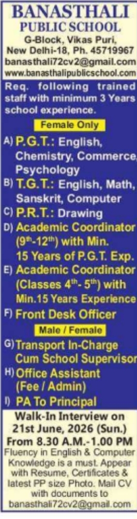 Job Opportunity: Banasthali Public School Walk-In Interviews
