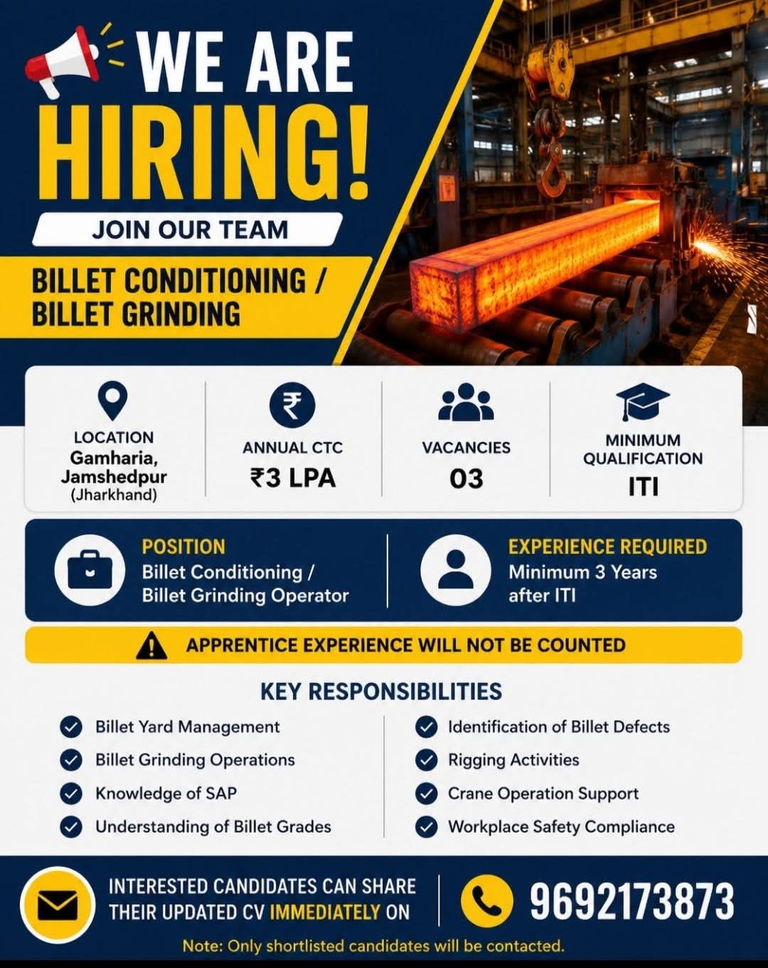 Job Opportunity: Billet Grinding Operator at Jamshedpur