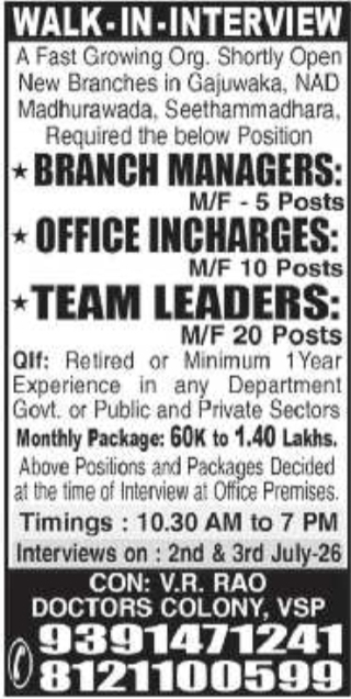 Job Opportunity: Branch Manager, Office Incharge, and Team Leader Roles
