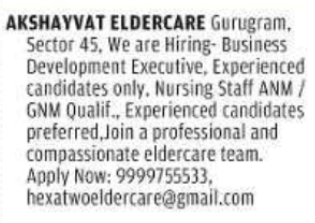 Job Opportunity: Business Development Executive & Nursing Staff