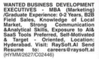 Job Opportunity: Business Development Executives RaySoft.AI Hyderabad