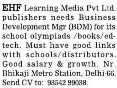 Job Opportunity: Business Development Manager Recruitment at EHF Learning Media Pvt Ltd