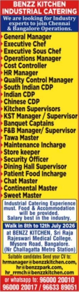 Job Opportunity: Catering Staff Recruitment at Benzz Kitchen