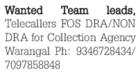 Job Opportunity: Collection Agency Staff (Warangal)