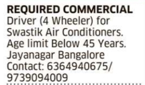 Job Opportunity: Commercial Driver Recruitment at Swastik Air Conditioners, Bangalore