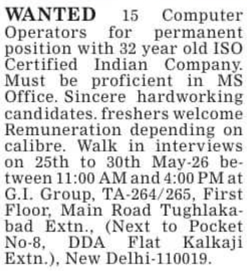 Job Opportunity: Computer Operators at G.I. Group