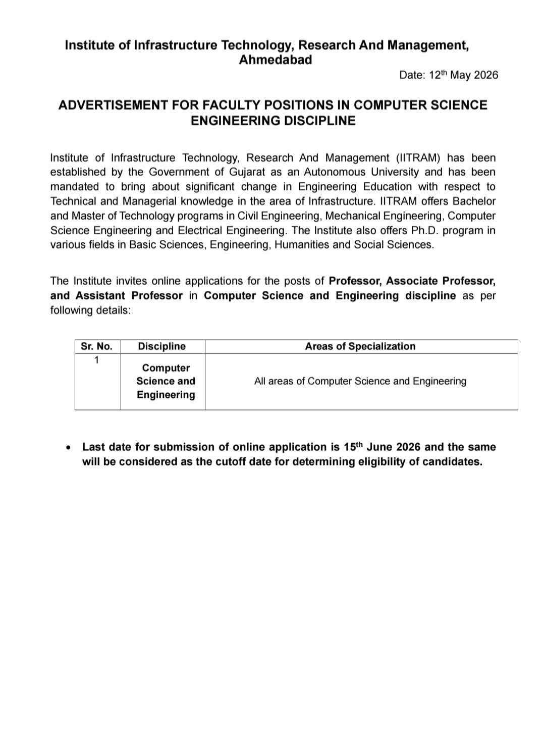 Job Opportunity: Computer Science Faculty at IITRAM Ahmedabad