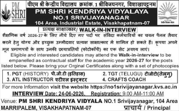 Job Opportunity: Contractual Teachers KV Srivijayanagar Visakhapatnam
