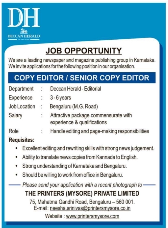 Job Opportunity: Copy Editor and Senior Copy Editor Deccan Herald