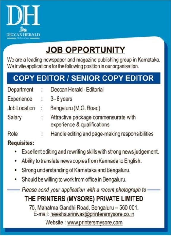 Job Opportunity: Copy Editor / Senior Copy Editor, Deccan Herald