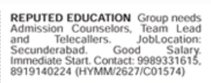 Job Opportunity: Counselors, Team Leads & Telecallers