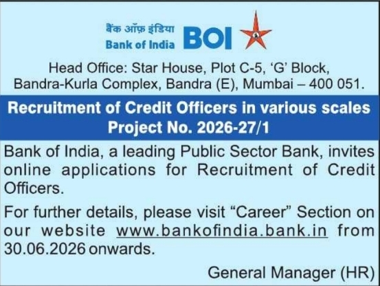 Job Opportunity: Credit Officers at Bank of India