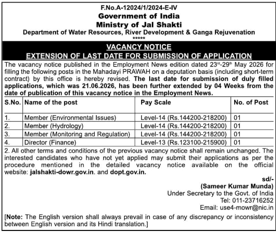 Job Opportunity: Deadline Extension Notice by Ministry of Jal Shakti