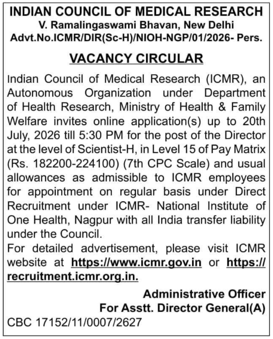 Job Opportunity: Director Recruitment at ICMR-NIOH Nagpur