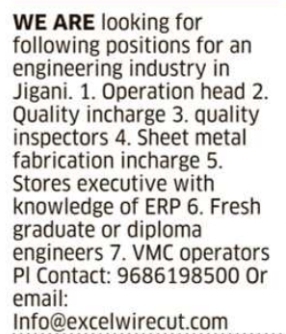 Job Opportunity: Engineering Staff Recruitment at Excel Wirecut, Jigani