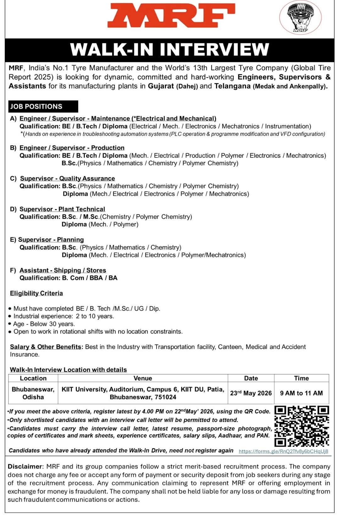 Job Opportunity: Engineers & Supervisors at MRF