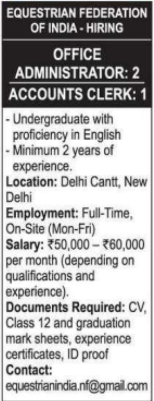 Job Opportunity: Equestrian Federation of India Administration Recruitment