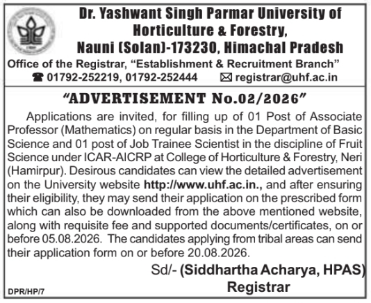 Job Opportunity: Faculty and Scientist Recruitment at YS Parmar University