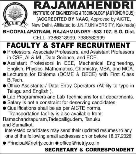 Job Opportunity: Faculty and Support Staff