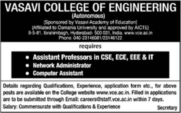 Job Opportunity: Faculty and Technical Staff for Vasavi College of Engineering