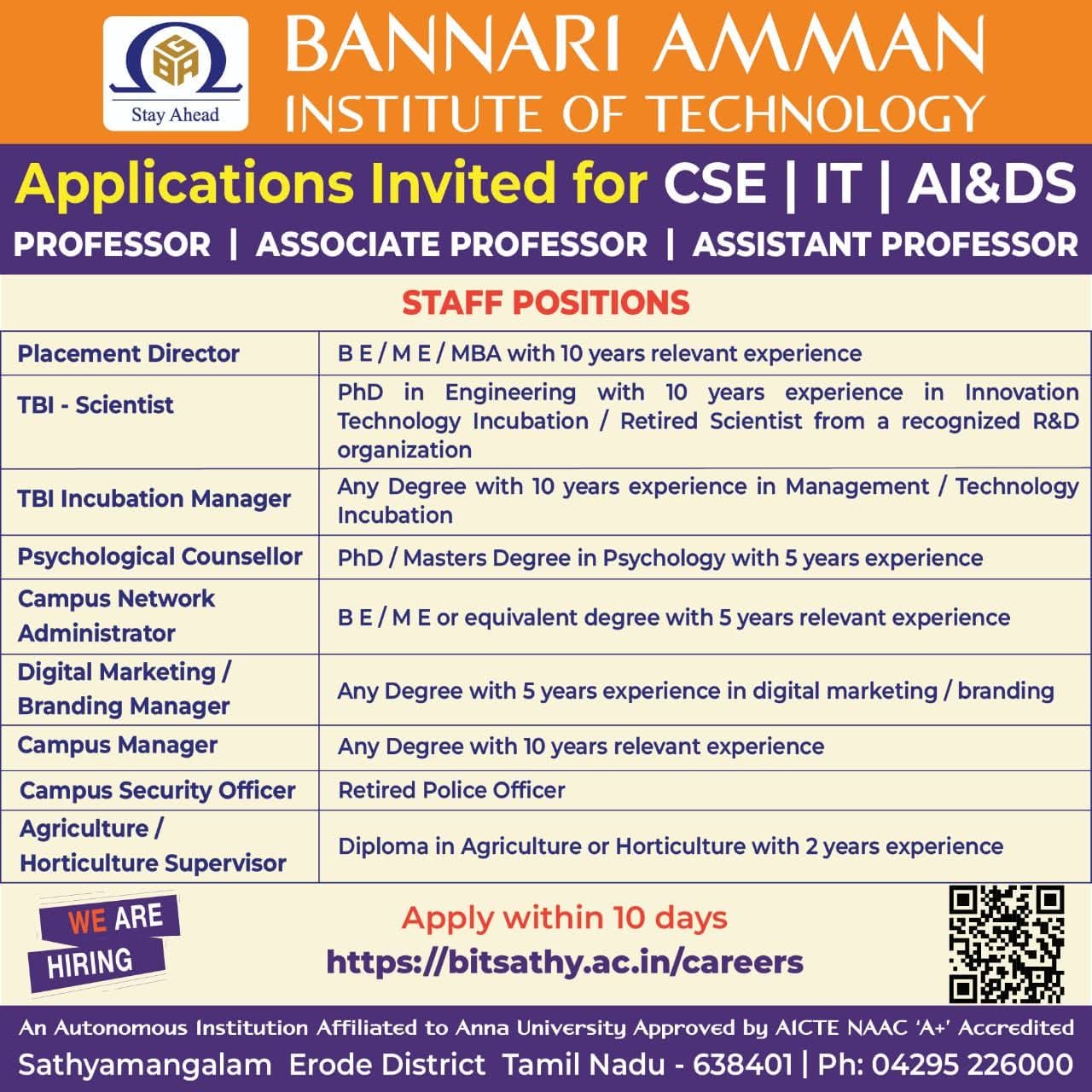 Job Opportunity: Faculty & Staff at Bannari Amman Institute of Technology