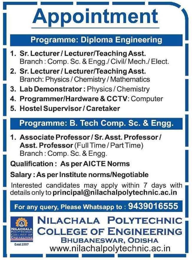 Job Opportunity: Faculty & Staff at Nilachala Polytechnic