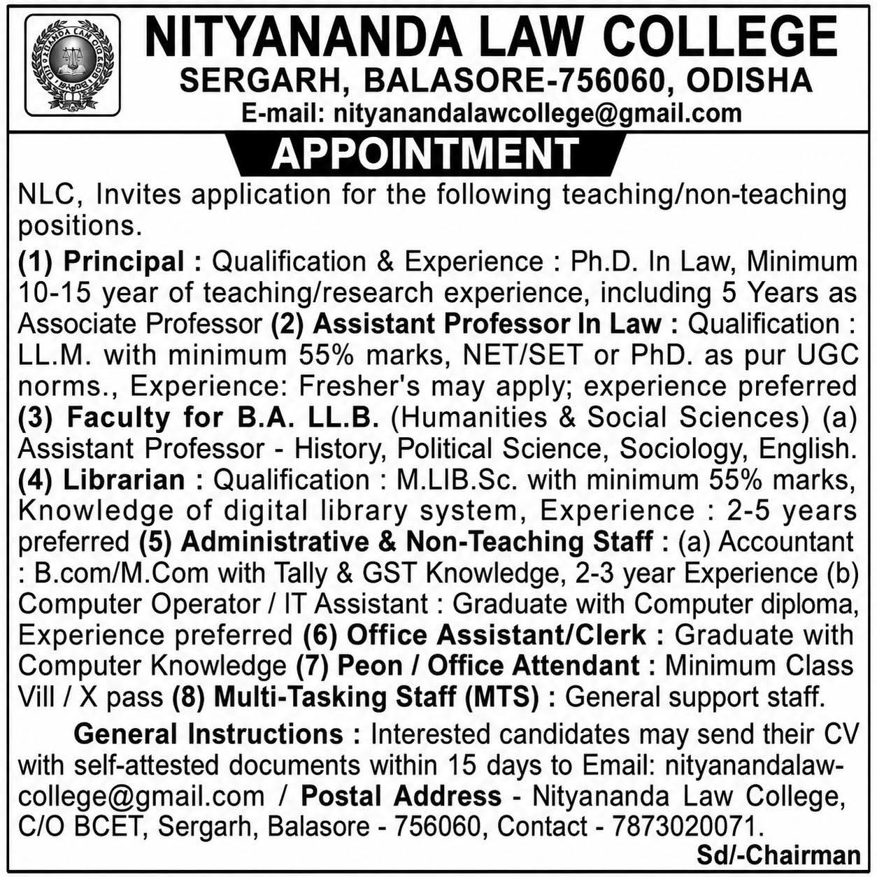 Job Opportunity: Faculty & Staff at Nityananda Law College