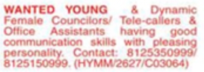 Job Opportunity: Female Councilors, Tele-callers & Office Assistants