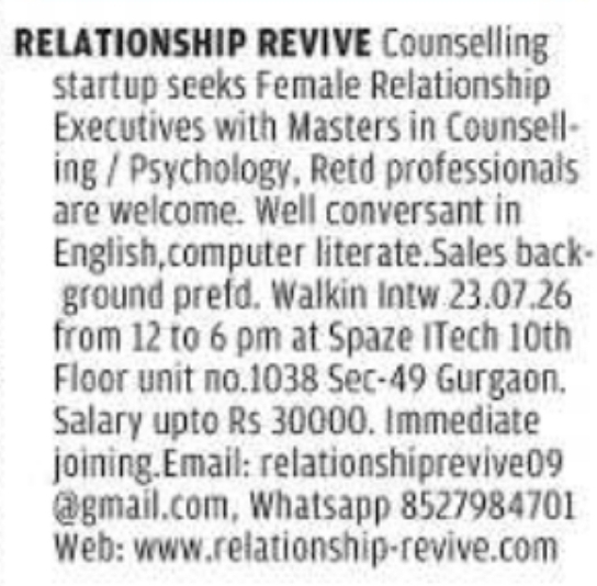 Job Opportunity: Female Relationship Executive
