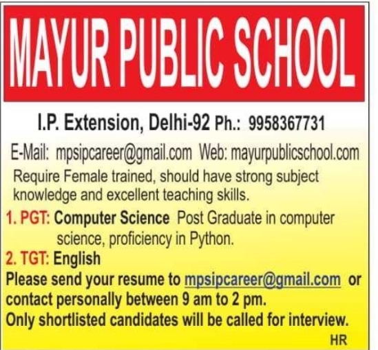 Job Opportunity: Female Staff Recruitment at Mayur Public School