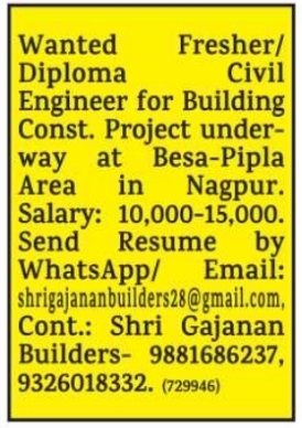 Job Opportunity: Fresher/Diploma Civil Engineer