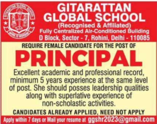 Job Opportunity: Gitarattan Global School Female Principal Role