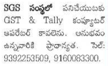 Job Opportunity: GST & Tally Computer Operator Role at SGS Organization