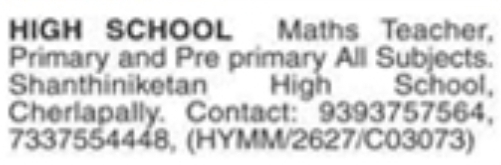 Job Opportunity: High School Maths, Primary and Pre-Primary Teachers