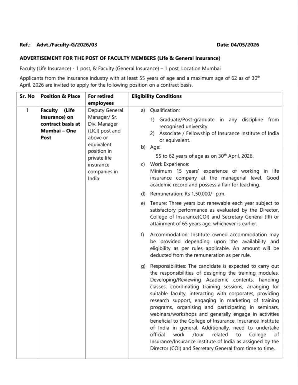 Job Opportunity: Insurance Faculty at College of Insurance, Mumbai