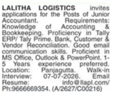 Job Opportunity: Junior Accountant – Lalitha Logistics