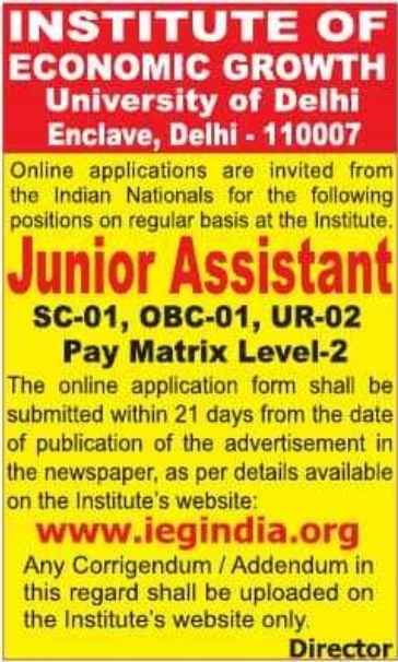 Job Opportunity: Junior Assistant - Institute of Economic Growth, University of Delhi