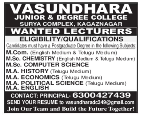Job Opportunity: Junior & Degree College Lecturers