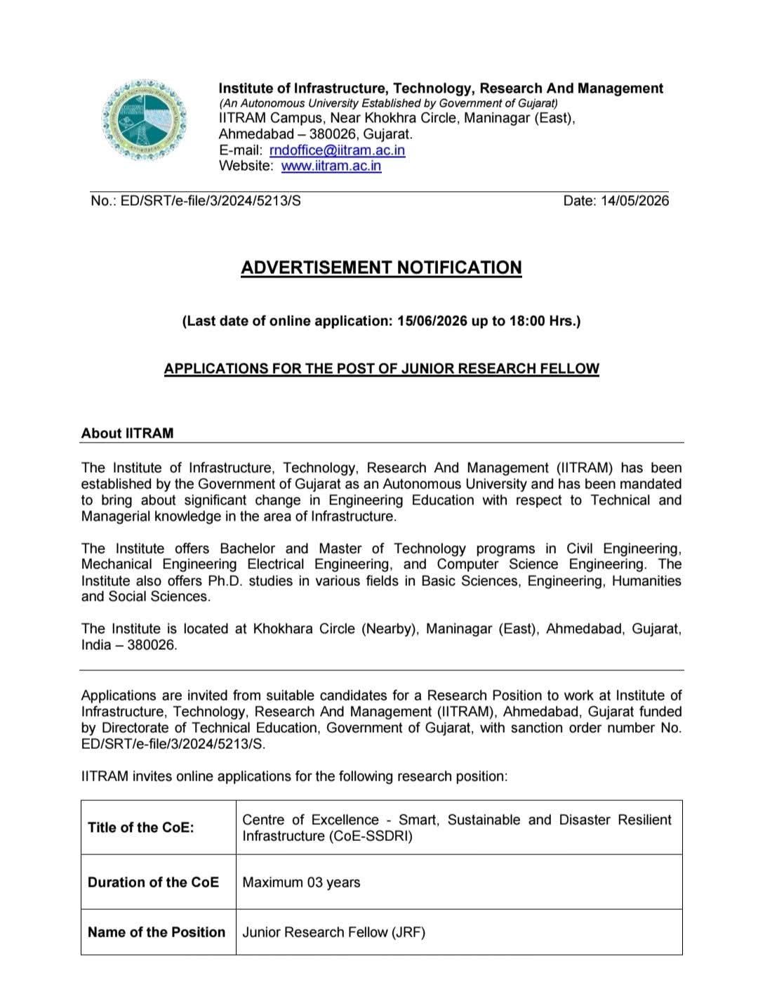 Job Opportunity: Junior Research Fellow at IITRAM Ahmedabad