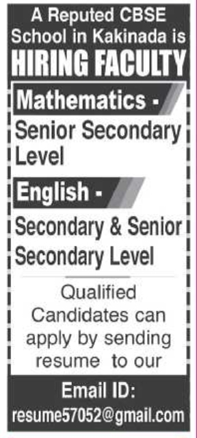 Job Opportunity: Kakinada CBSE School Faculty