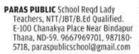 Job Opportunity: Lady Teachers at Paras Public School, New Delhi