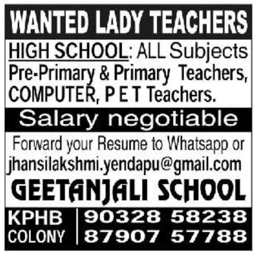 Job Opportunity: Lady Teaching Roles at Geetanjali School