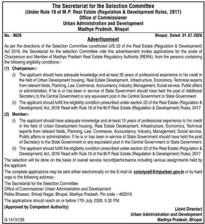 Job Opportunity: Leadership Roles at MP RERA