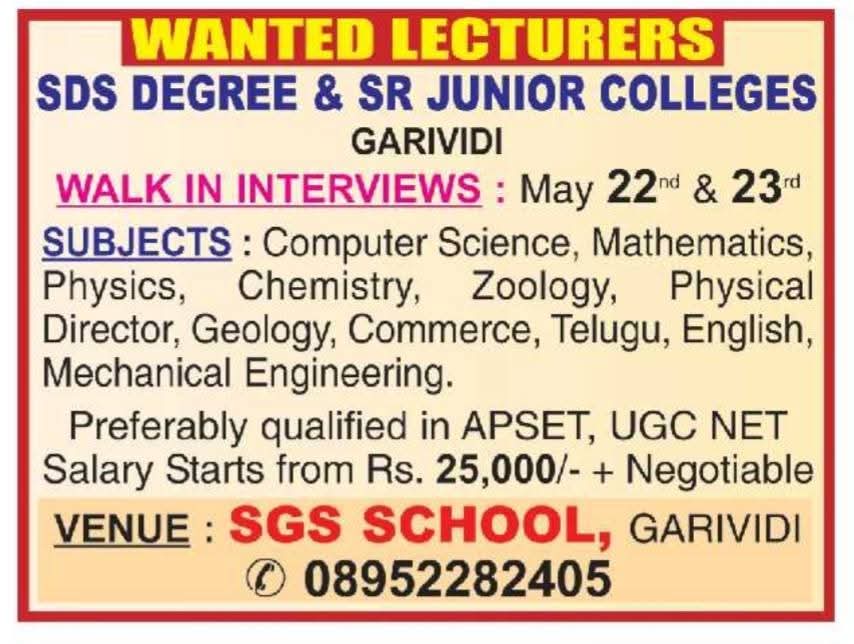 Job Opportunity: Lecturer Roles at SDS Degree & Sr Junior Colleges