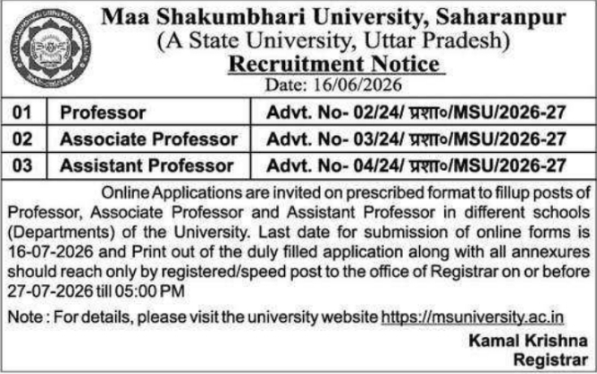 Job Opportunity: Maa Shakumbhari University Faculty Positions