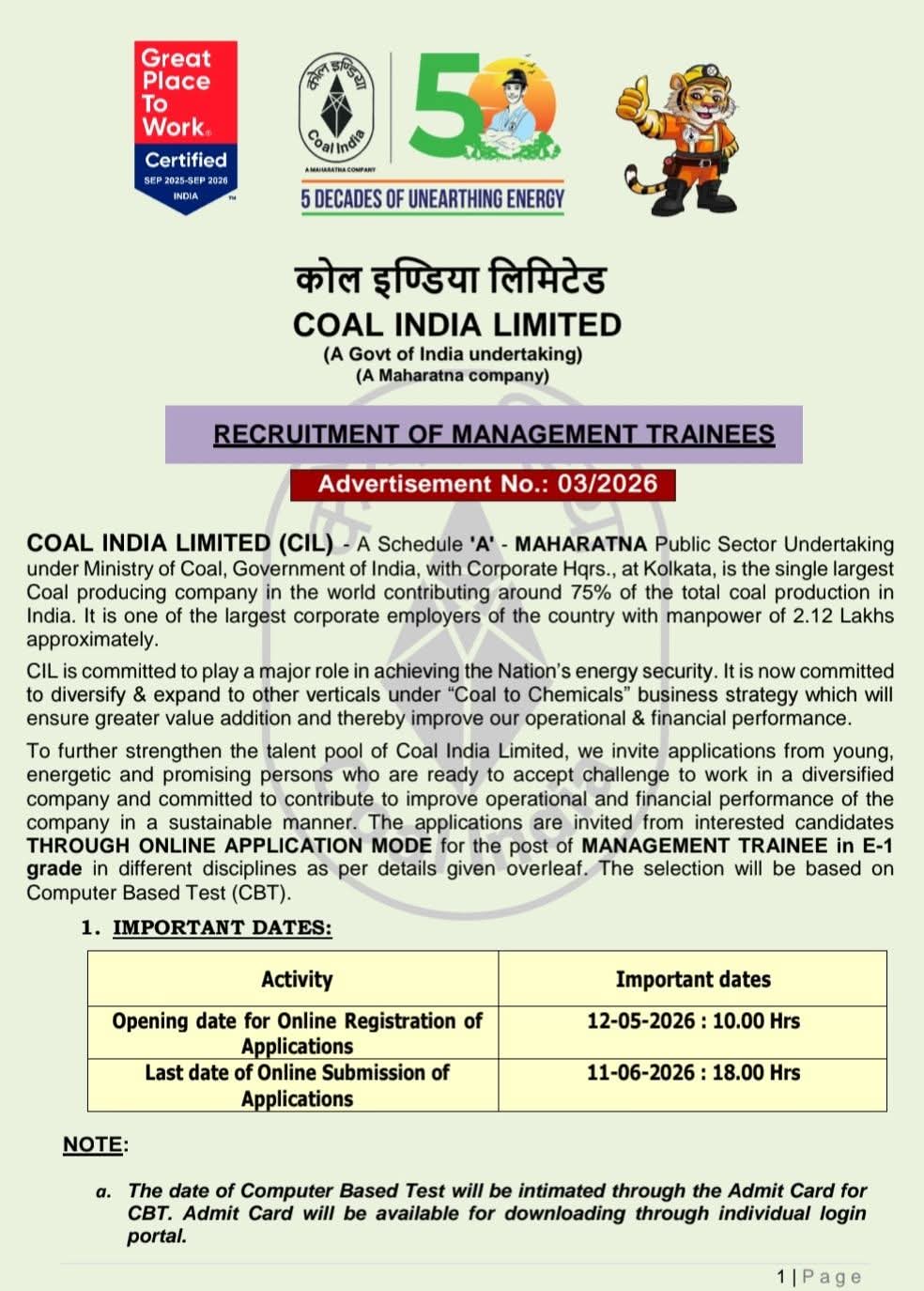 Job Opportunity: Management Trainees at Coal India Limited